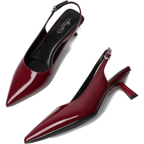 Women Burgundy Pointed Toe Pumps Patent Leather Slingback Heels With Buckle - Picture 3 of 9